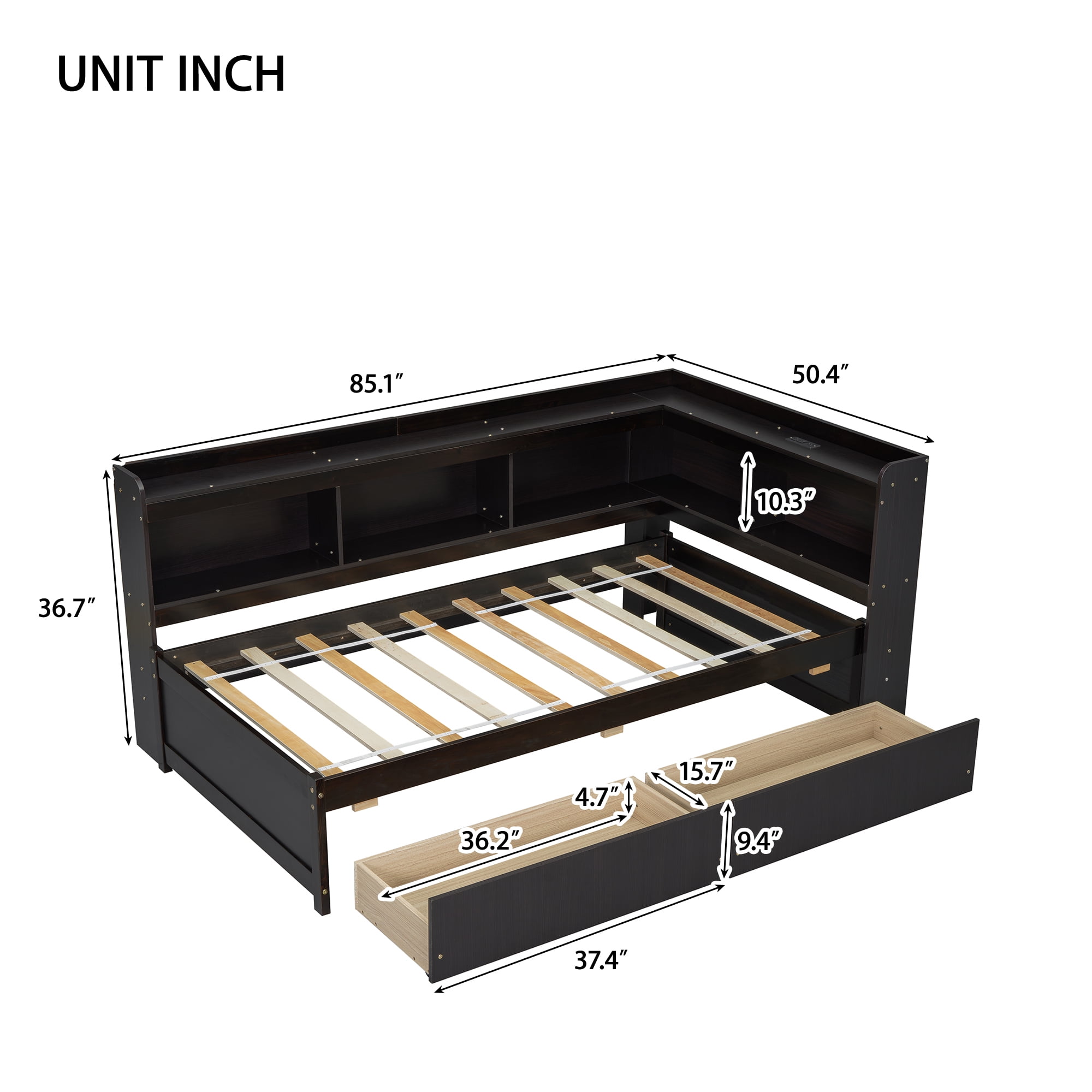 Leumius Twin Size L-shaped Bookcases Bed with Power Outlets, USB Charging Ports,Two Drawers,Espresso