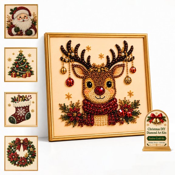 Christmas Diamond Art, DIY Christmas Pearl Diamond Painting Kit with Frame for Holiday Home Wall Decor