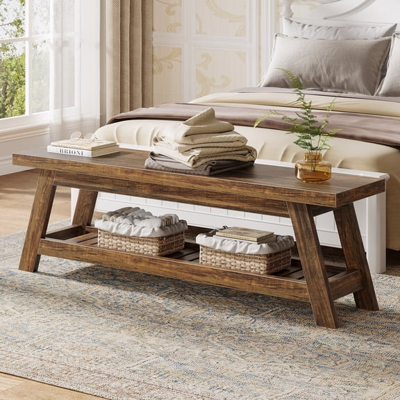 Finmind 55" Wood Entryway Bench with Shoe Storage, 2-Tier Narrow Hallway Shoe Seating Bench for Entryway, Bedroom, Mudroom, Rustic Brown