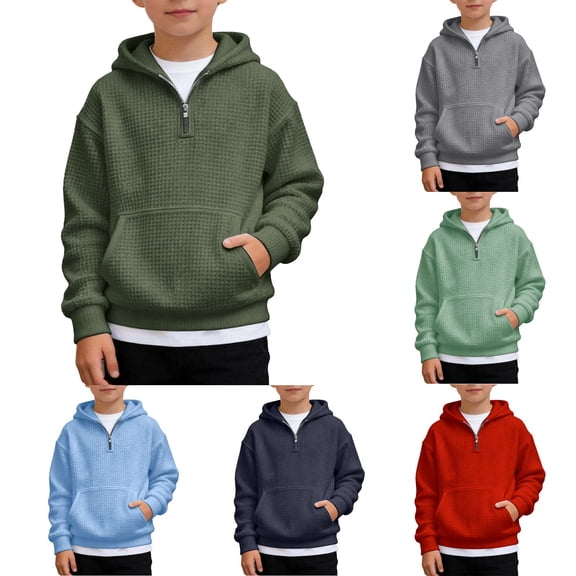 LRen Hoodies for Boys 10-12, Boys Waffle Hoodie Half Zip Hooded Sweatshirts Kids Long Sleeve Knit Pullover Tops with Pocket Hoodies for Teen Boys,Navy,11-12 Years