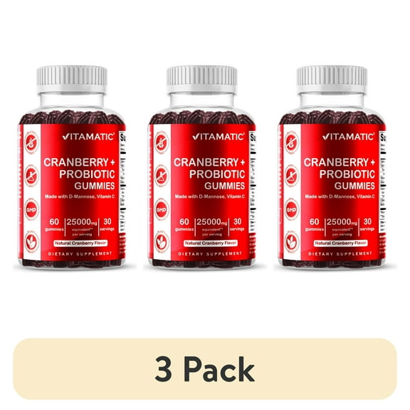 (3 pack) Vitamatic Vegan Cranberry Gummies, 1000mg per Serving - 60 Count - Supports Healthy Urinary Tract Function - (Non-GMO, Gluten Free)