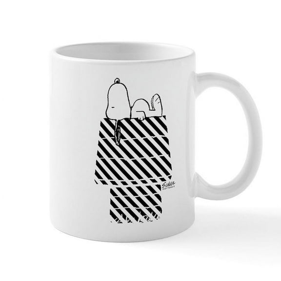 CafePress - Snoopy On House Stripe Black And - 11 oz Ceramic Mug - Novelty Coffee Tea Cup