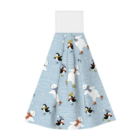 

Qekee Skiing penguin Bear Print Hanging Kitchen Towels Coral Velvet Wipe Hand Towel Absorbent Hand Towels Microfiber Tie Towel for Bathroom Kitchen Decor