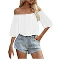 thumbnail image 2 of Frostluinai Strapless Tops for Women 3/4 Lantern Sleeve Shirts Chiffon Comfy T Shirts Off Shoulder Sexy Tees Solid Holiday Blouses, 2 of 9