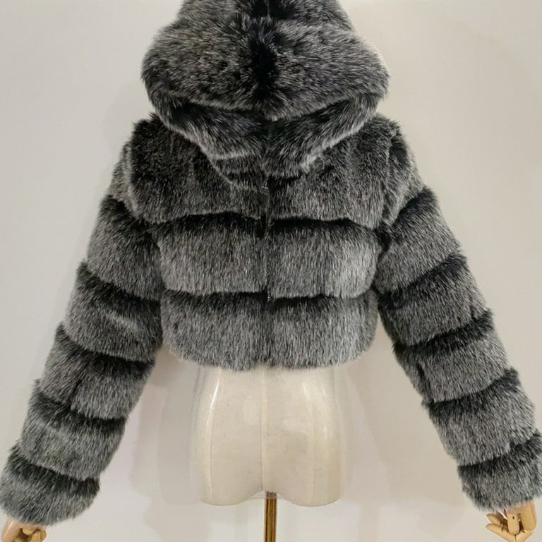 DISHAN Women Fashion Winter Faux Fur Cropped Coat Fluffy Zip
