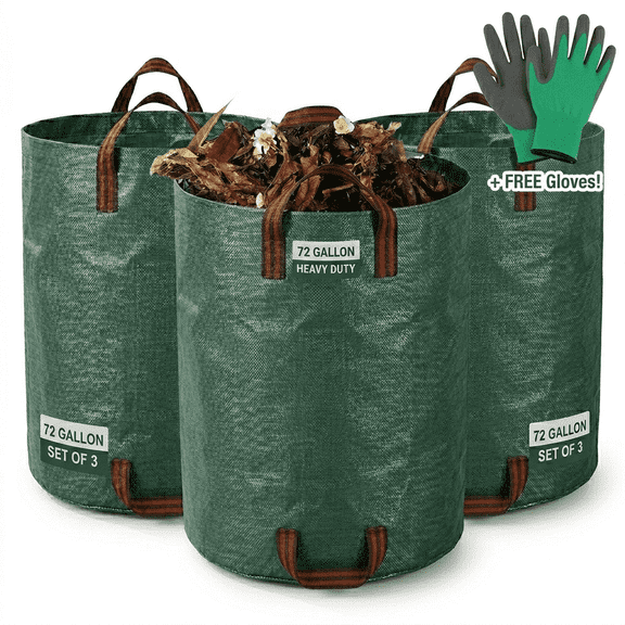 3 PCS Heavy Duty Garden Waste Bags, 72 Gallon Reusable Lawn Leaf Bags with Gloves, Large Yard Trash Bags with Handles