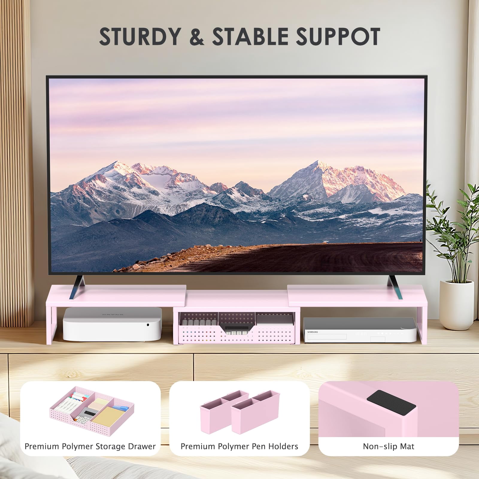 Desk Organizers And Accessories  Dual Monitor Stand Riser With Drawer 2 Pen Holders Shelf Metal Computer Racks For Office Workspace Desktop Organization (pink Metal)