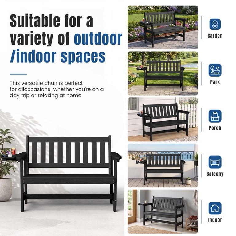 Loyalice 2-Person Outdoor Bench, Black with Fold-Out Tray photo 6