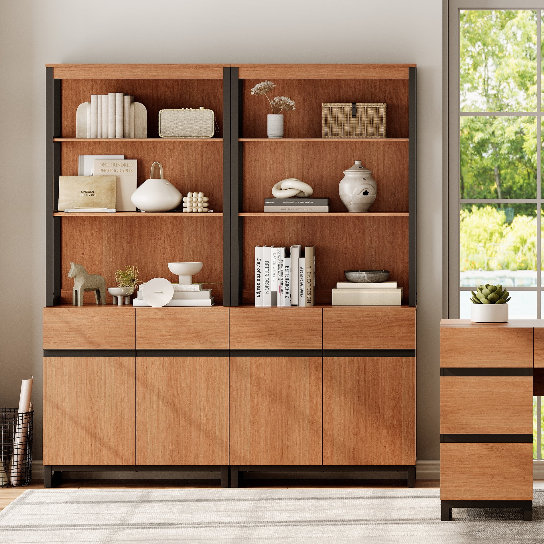 WAMPAT 2 PCS Modern 72" Tall Bookcases with Metal Base and Adjustable Shelves, Library Book Shelf with Storage Cabinet and Open Book Shelfs, Wood Bookshelves for Home Office, Living Room, Mocha