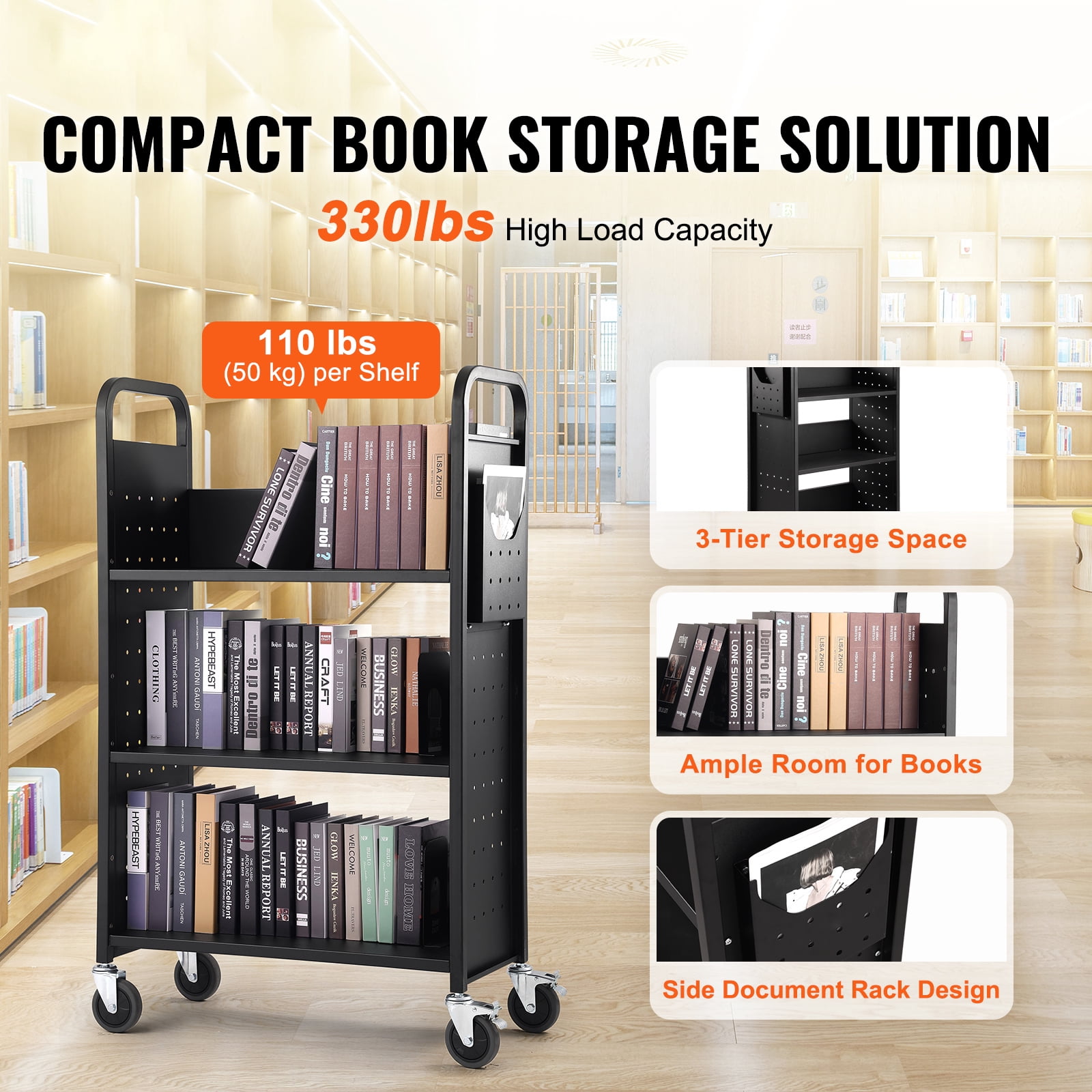 BENTISM Book Cart, 330 lbs Library Cart, 31.1" x 15.2" x 49.2" Rolling Book Cart, Single Sided L-Shaped Flat Shelves with 4-Inch Lockable Wheels for Home Shelves Office and School,Black