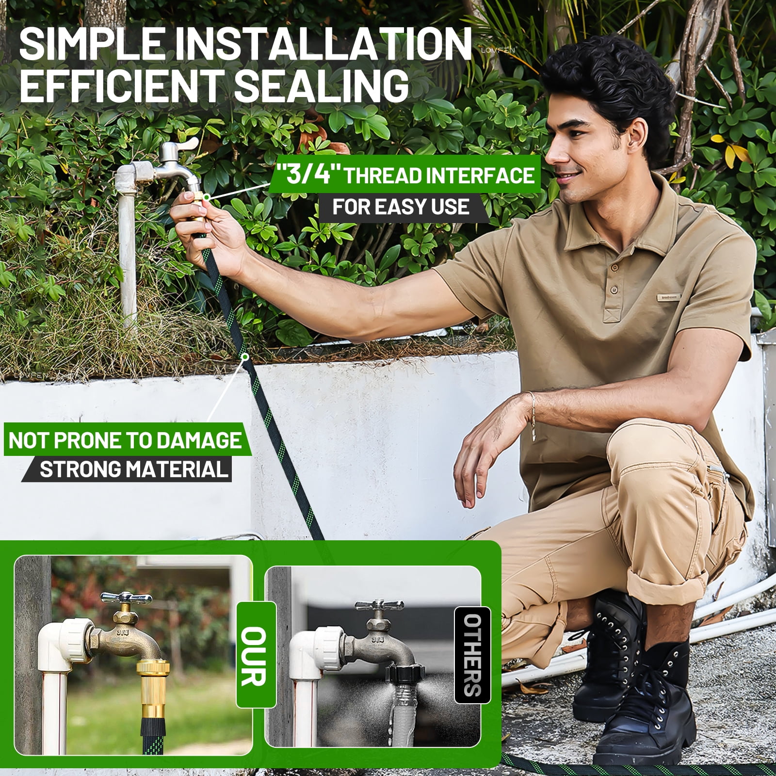 LOVFEN 150 ft Garden Hose,Non-Expanding Kink Free Flexible Water Hose with 10-Pattern Spray Nozzle, Lightweight Hose Pipe, Leak Proof, 3/4" Swivel Connectors, Super Fabric, Portable Storage Strap