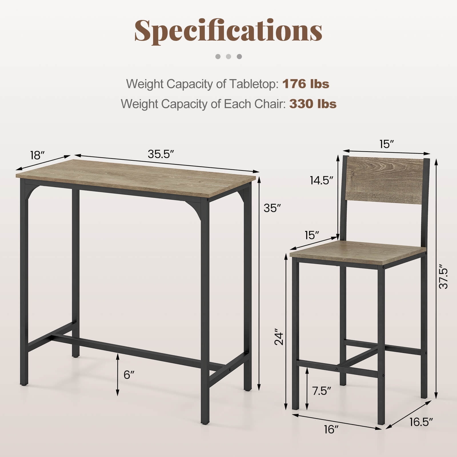 Costway 3 PCS Bar Table & Chair Set Kitchen Table with 2 Bar Stools for Small Space