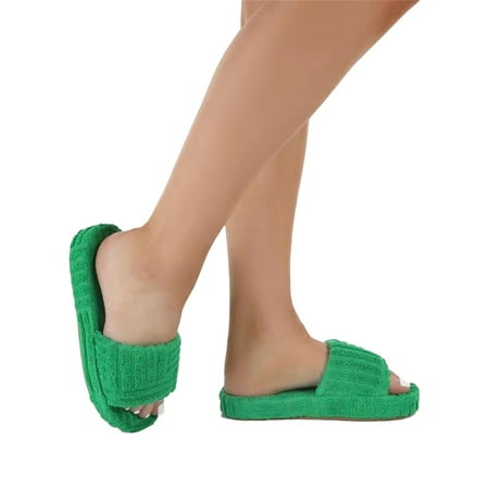 

Woolen Velvet Womens Platform Flat Slip On Slippers Casual Winter House Bedroom Warm Comfy Shoes