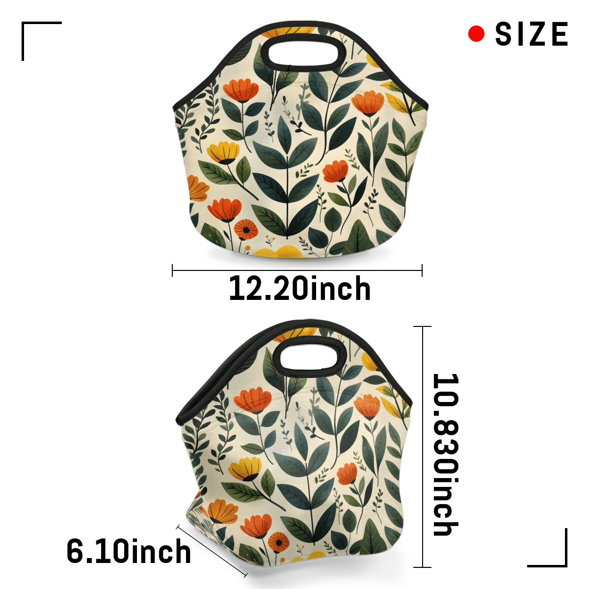 Herdesigns Floral Neoprene Lunch Bag, Wildflowers Insulated Lunch Box for Women Men Washable Lunch Tote Soft Lunch Container With Zipper for Work Picnic Travel