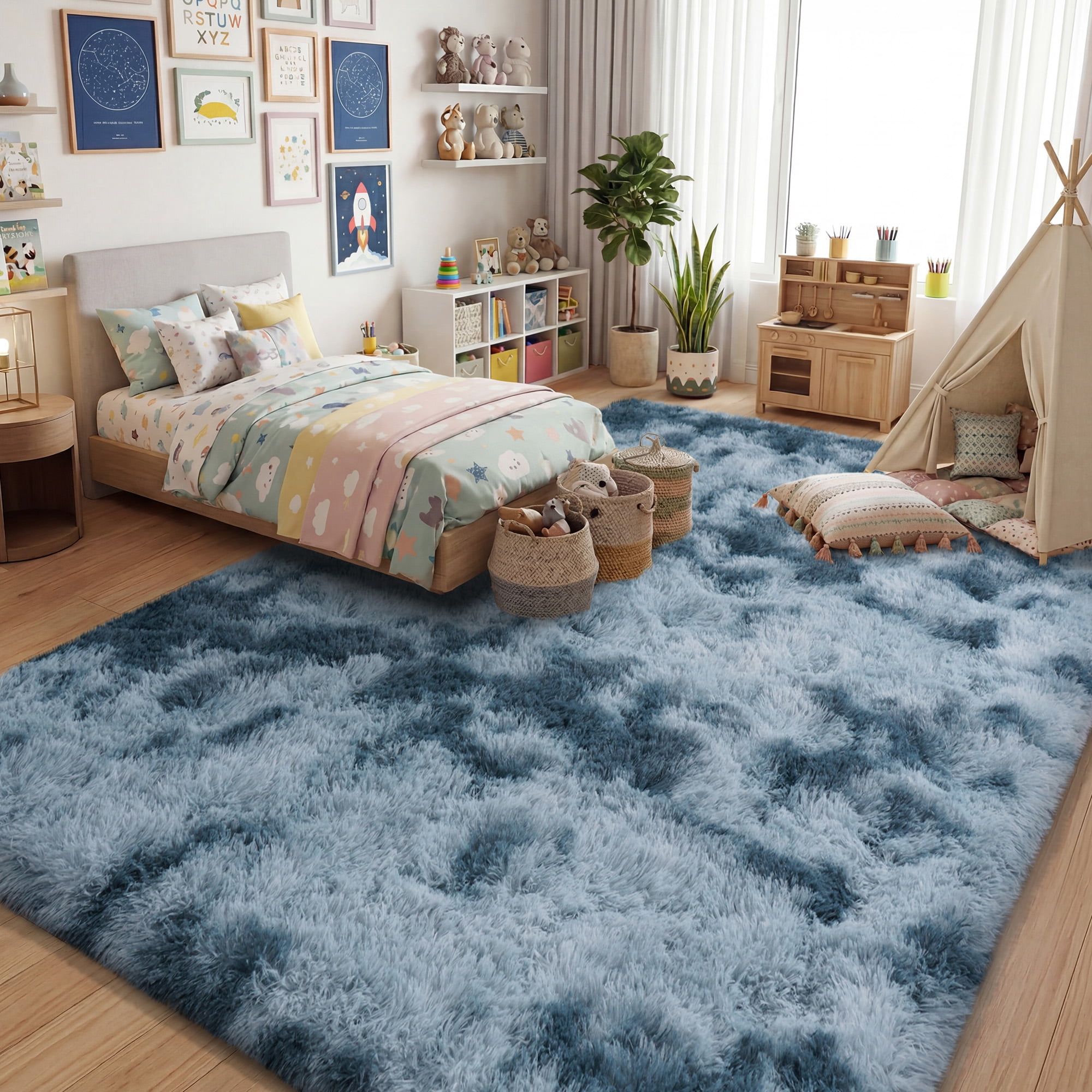 ZENELESS Super Soft Fluffy Rug,6x9ft Anti-skid Shaggy Rug, Plush Floor Carpet for Living Room Bedroom Nursery Tie-dye Blue&Gray