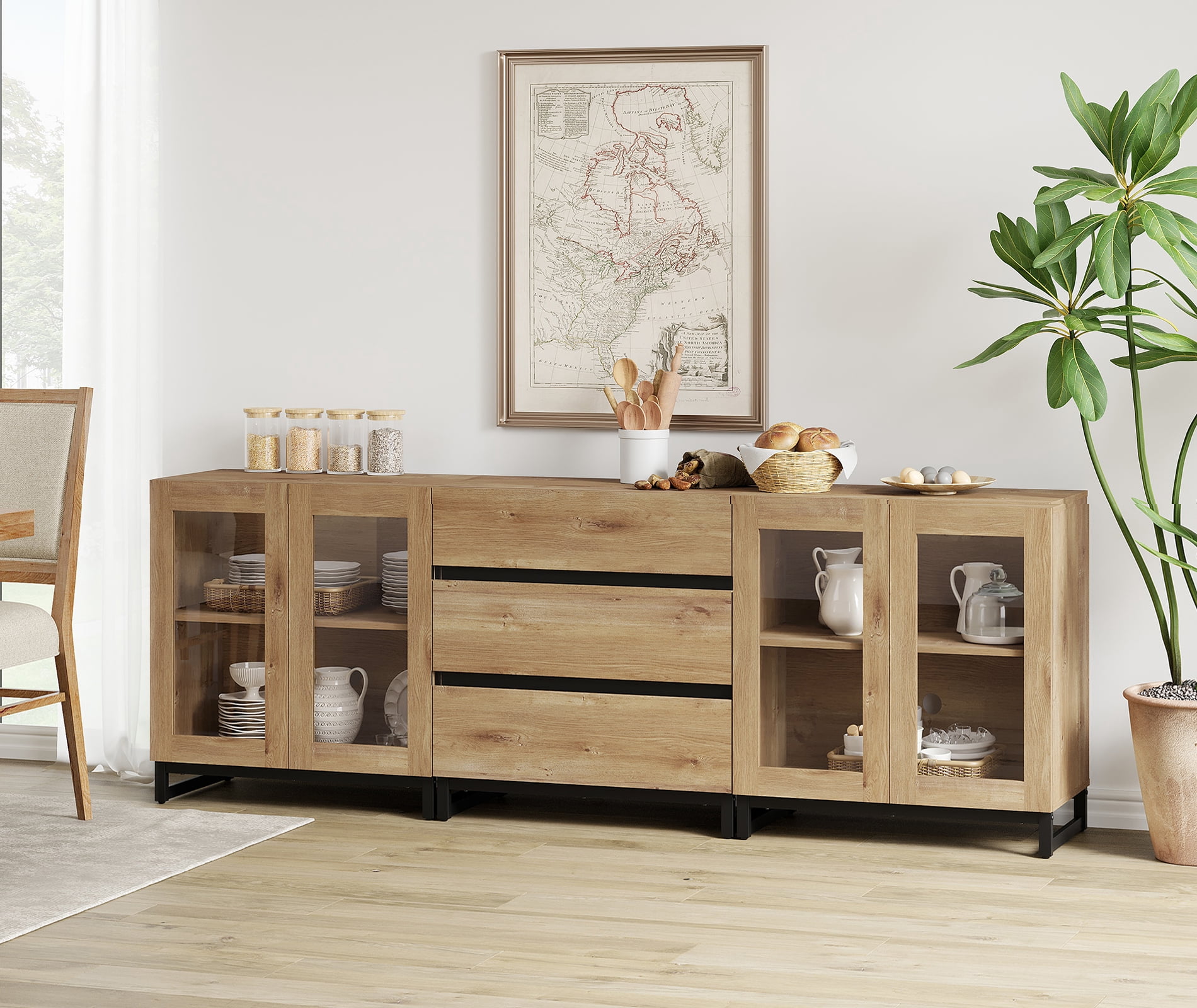 3 In 1 Modern Sideboard With Glass Doors And 3 Drawers,Storage Cabinet With Adjustable Shelves for Living Room, Kitchen,Oak