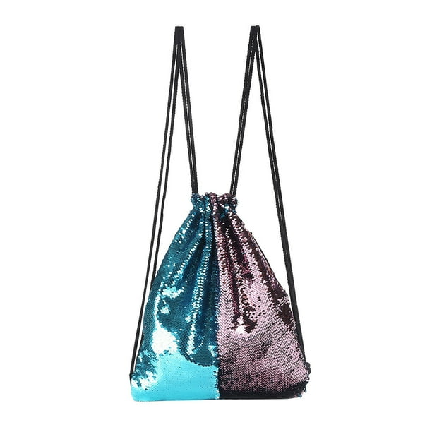 Drawstring Backpack Women Faux Leather Sequin Pack Travel Bag Portable Outdoor Sports Storage Bag Pouch Blue Pink