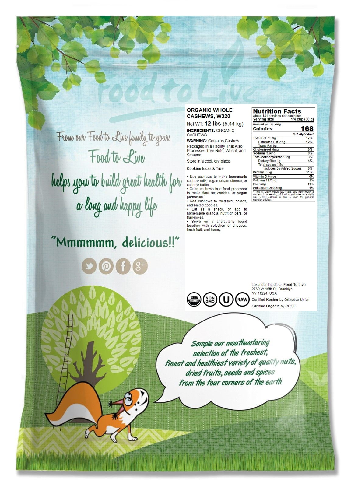 Organic Whole Cashews, W320, 12 Pounds — Non-GMO, Kosher, Vegan, Raw — by Food to Live