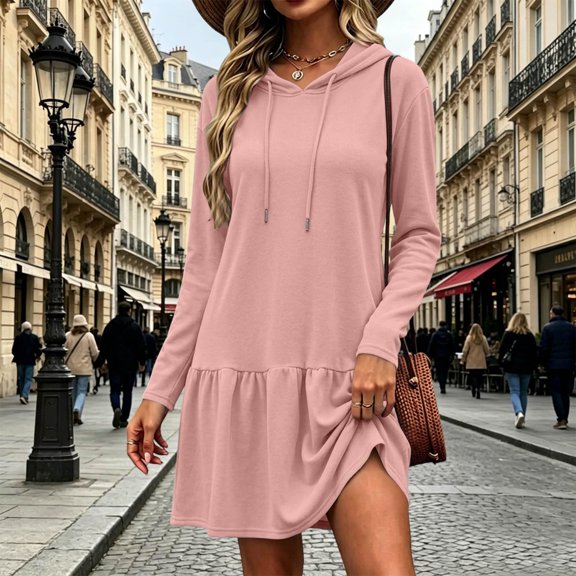 Women Hooded Drawstring Ruffle Hem Sweatshirt Mini Dress, Long Sleeve Loose A-Line Pullover Casual Dress For Summer Fall 2XL