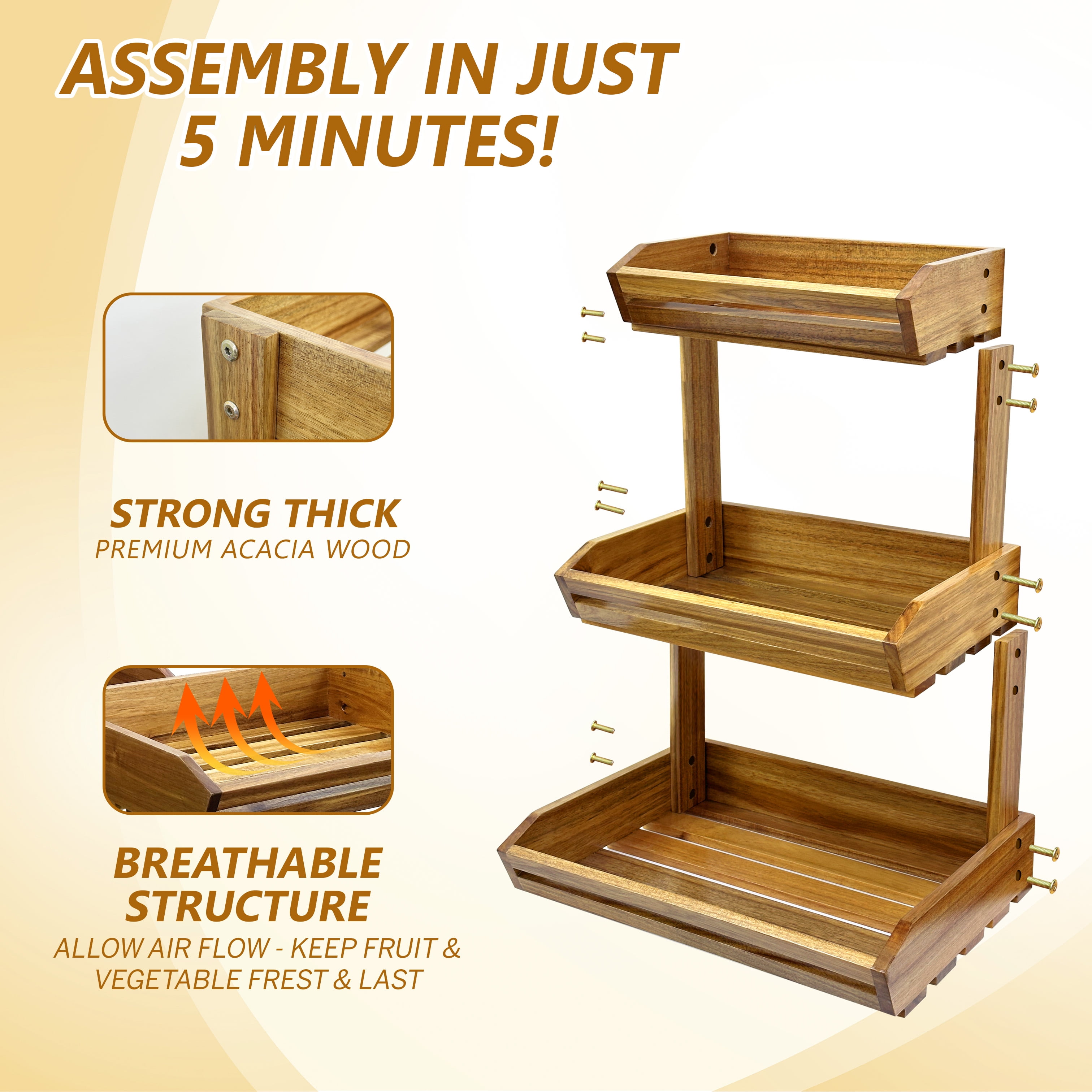 Acacia Wood Fruit Basket - 3-Tier Fruit Bowl for Kitchen Counter, Extra Large 16x12.5x18 in, Fruteros Para Cocina, Fruit and Vegetable Storage (3 Tier)