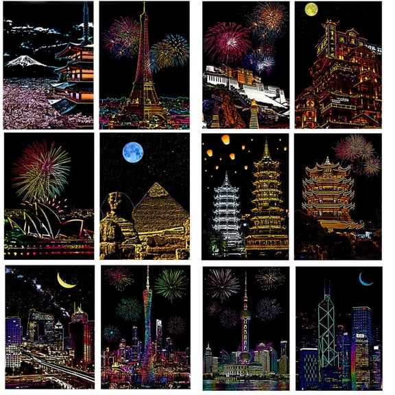 Scratch Art for Adults, Rainbow Painting Night View Scratchboard(7.87 x 5.51inch), Crafts Set: 12 Sheets Scratch Cards with 6 Scraper - Mount Fuji, Shanghai Oriental Pearl Tower