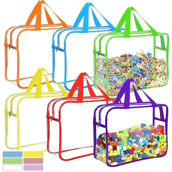 6 Pcs Toy Storage Bags, 11.8″×3.9″×8.7″ Clear Travel Bag with Labels, for Store Building Blocks Puzzles (6 Colors)