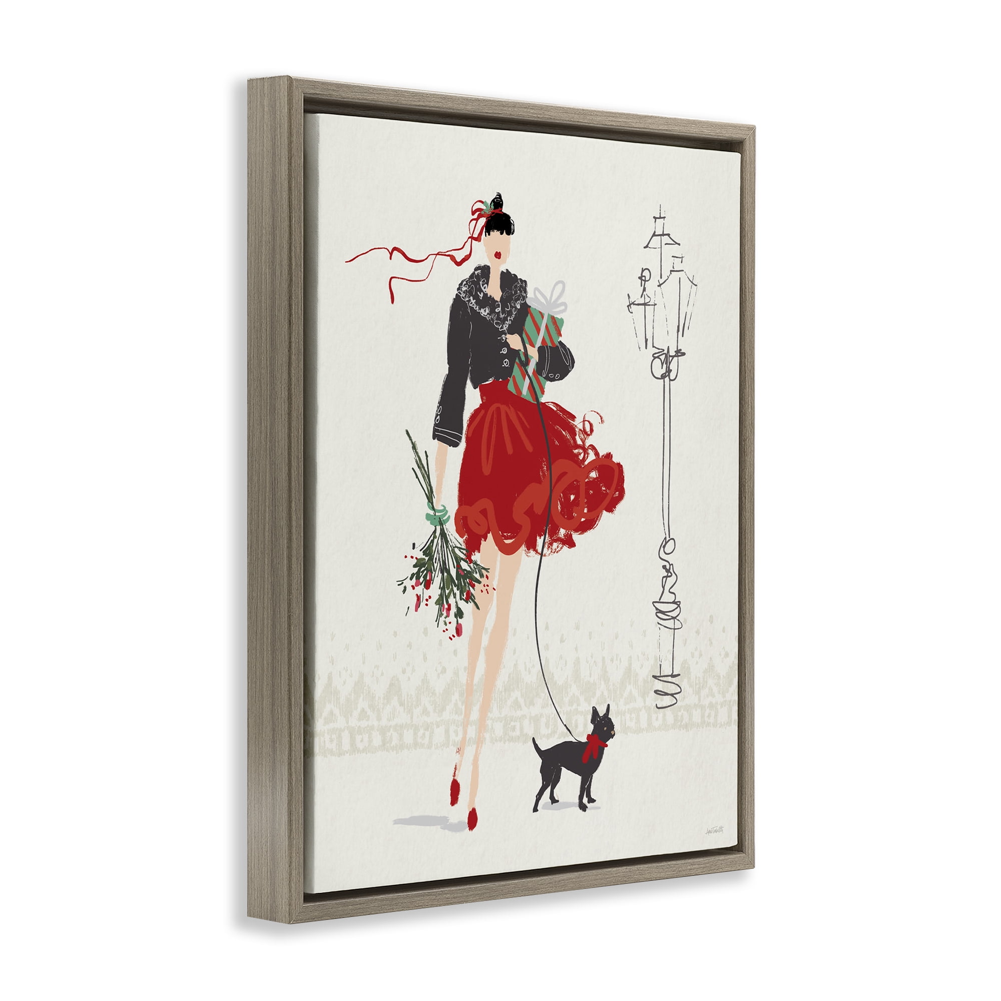 Stupell Industries Holiday Fashionista Girl Holiday Painting Brown Floater Framed Canvas Art Prints Wall Art, 17 x 21
