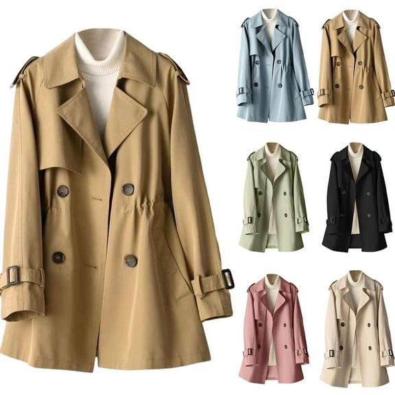 Bovxnpu Classic Trench Coats for Women Fall Winter Coat Casual Jacket Outerwear Women's Solid Color Long Sleeve Collared Button Waist Cinched Trench Coat Outerwear
