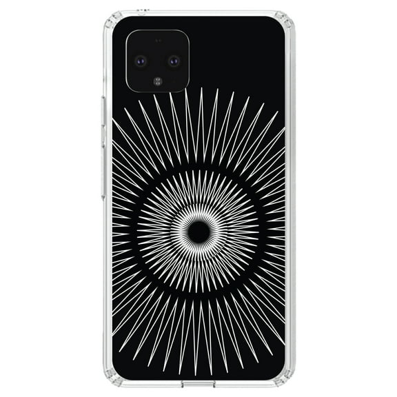DistinctInk Clear Shockproof Hybrid Case for Google Pixel 4 (5.7" Screen) - TPU Bumper, Acrylic Back, Tempered Glass Screen Protector - Black White Star Bursts