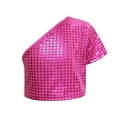 thumbnail image 4 of AUNVITO Kids Girls One Shoulder Short Sleeve Dance Crop Top Shiny Sparkly Hip Hop Streetwear Cropped T-Shirts Dancewear, 4 of 4