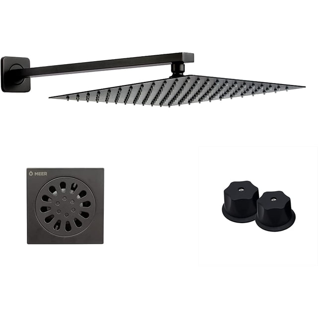 Kit de Regadera CNX 20 x 20 cm Cuello de 30 cm Resumidero Cuadrado 10 x 10 cm Manerales Negro Mate