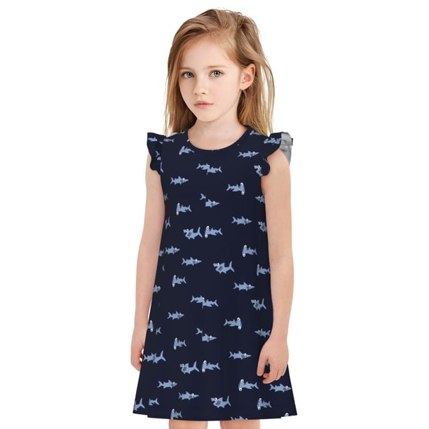Fotbe Cute Shark Vestido de Dormir para Niñas de 3 a 10 Años, Mangas Cortas, Estilo Princesa, Pijama Camisón con Mangas Voladas-X-Large