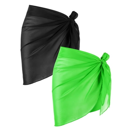 JIUWEN 2 Pieces Sarong Coverups for Women Bathing Suit Wrap Swimsuit Skirt Beach Bikini Cover Up Swimwear Chiffon(Black+Green) Sarong Wraps for Women Beach Wraps for Women Sarong Coverups for Women