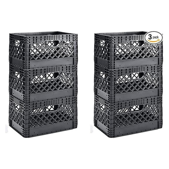 Heavy Duty Milk Crates - 24 Quart, 3 Pack - Stackable Storage Bins for Home & Garage Organization - 19"W x 11"H - Black Rectangular Plastic Crates