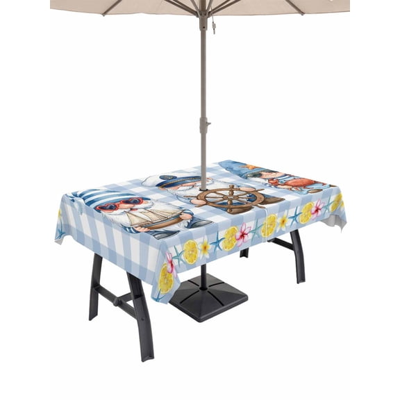 Outdoor Tablecloth with Umbrella Hole for Patio/Picnic/Party/Camping, Summer Gnomes Nautical Waterproof Table Cloth Rectangle Table Cover Washable, Blue Floral Starfish Checkered (60"x 102")