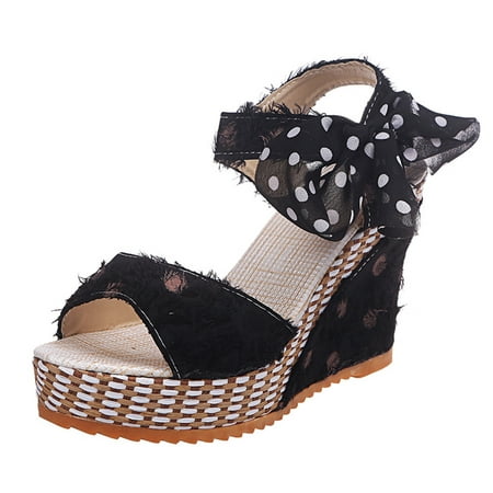 

A1 new home gifts for home Women s Ladies Platform Wedges Heel Sandals Fashion Dot Lace-up Shoes Footwear Cotton Fabric Black