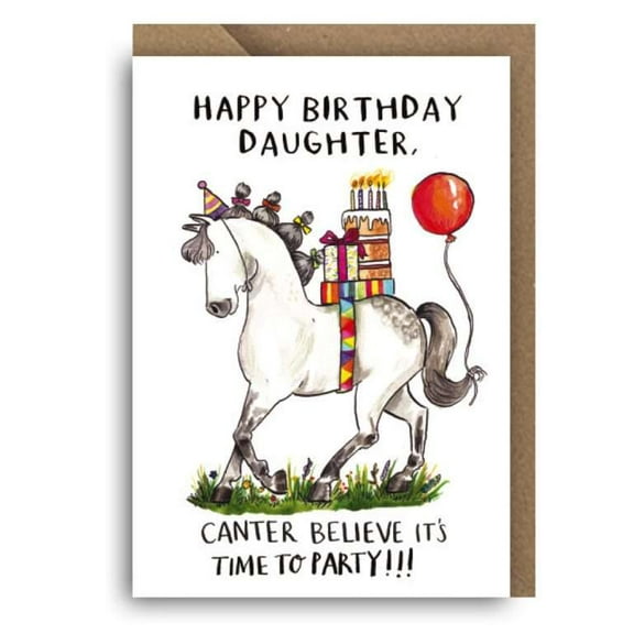 Happy Birthday Daughter Card – “Can’t Believe It’s Time to Party!” Horse Design with Gifts – Fun & Whimsical Greeting Card for Girls, Suitable for Birthdays and Special Occasions