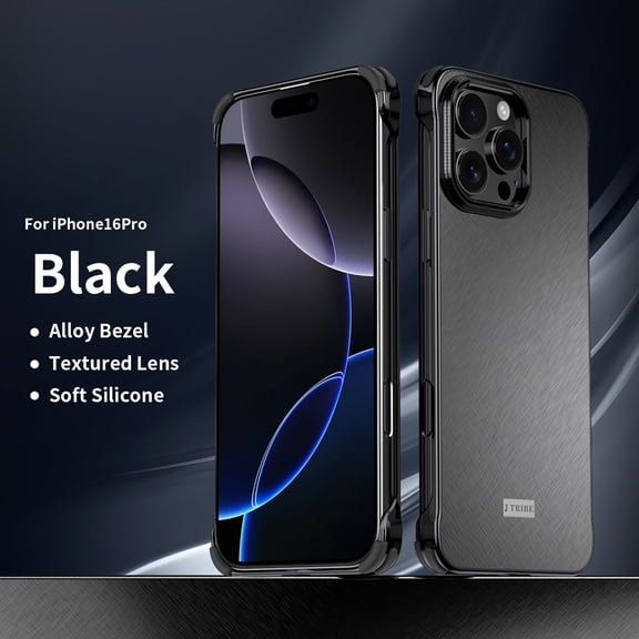 ELEHOLD Case for iPhone 16 Pro, Aluminum Alloy Frameless Shockproof Phone Case, Alloy Lens Frame,Black
