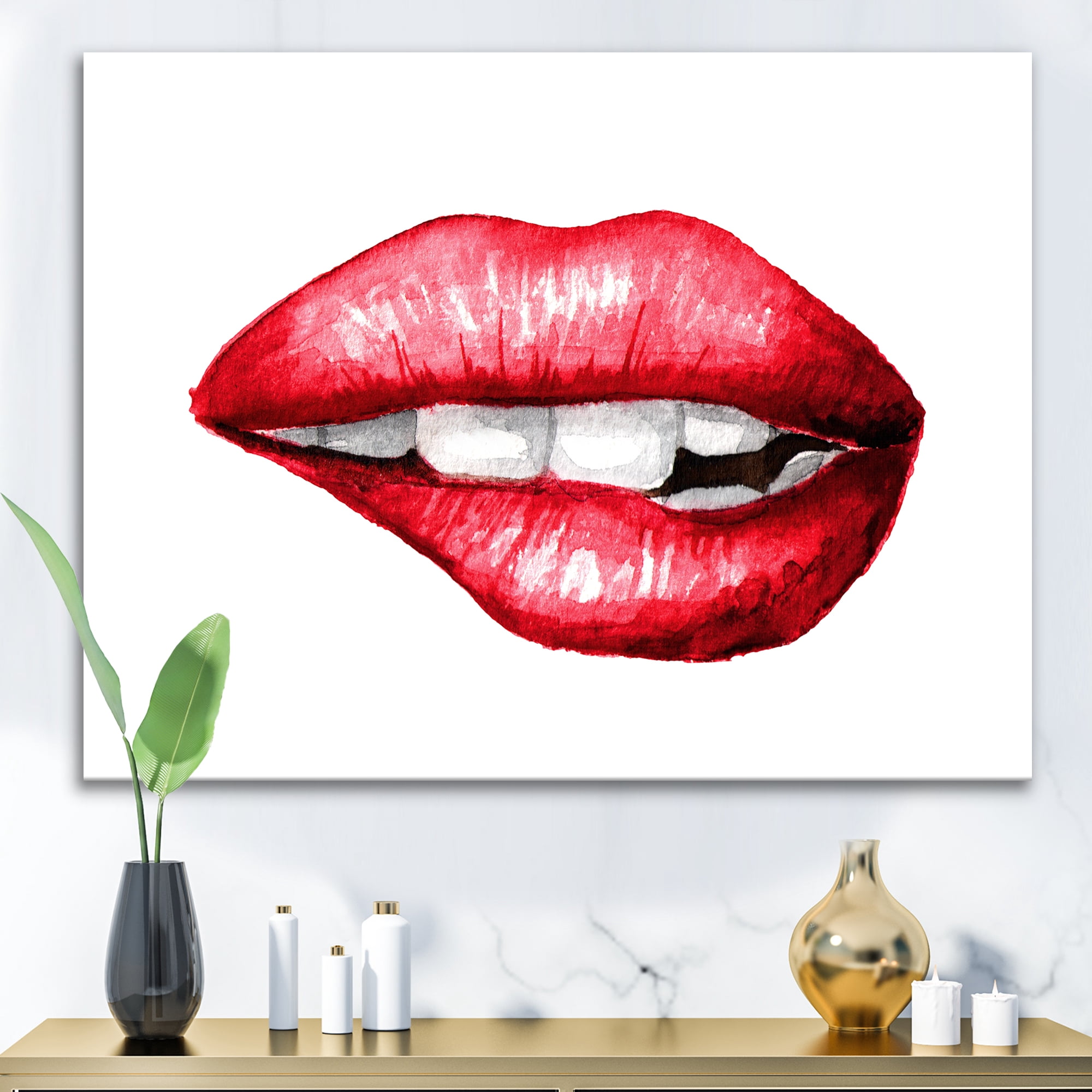 Designart ' Sexy Plump Puffy Girl Lips Biting ' Modern Canvas Wall Art Print