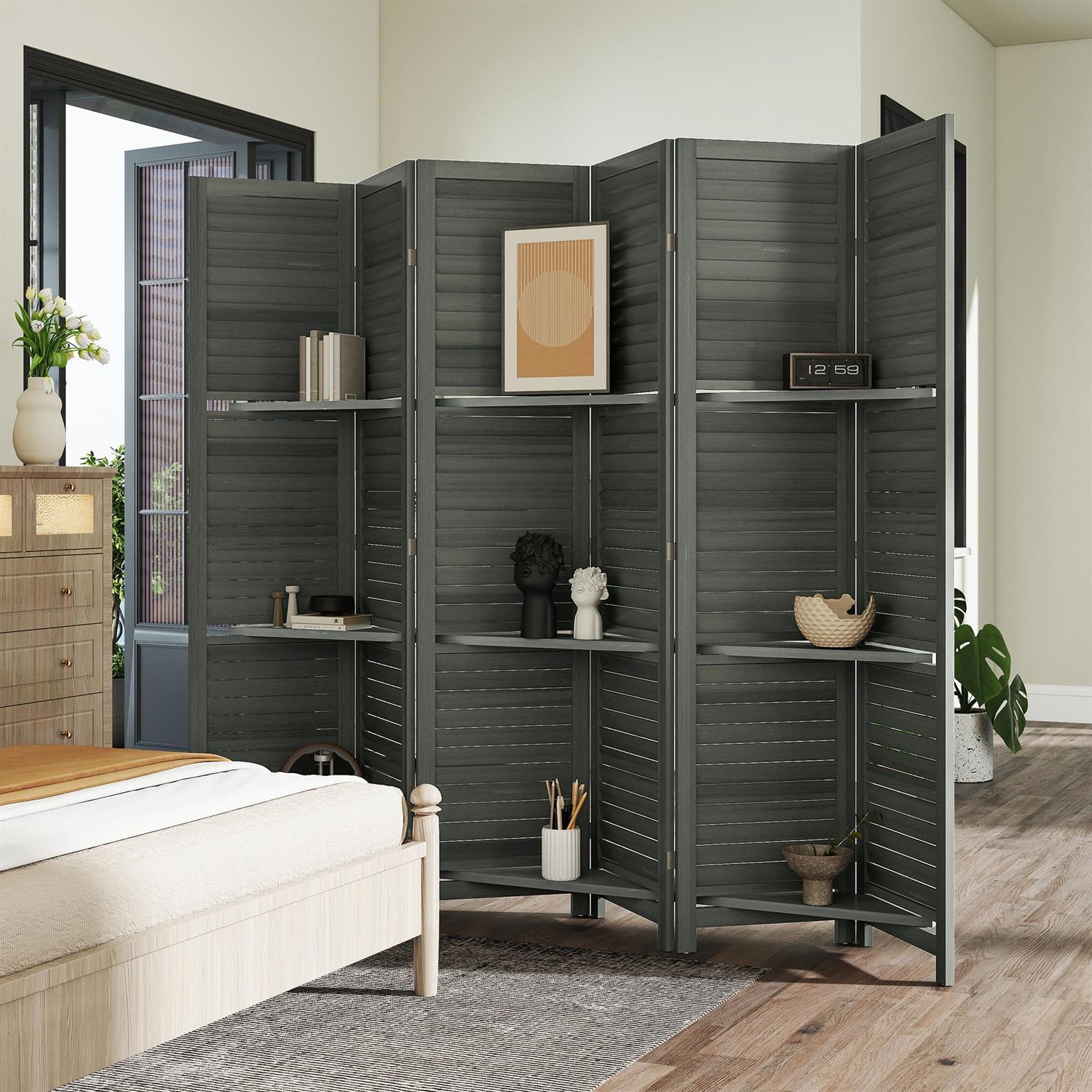 Demi Bonn 67" Tall Wood Privacy Screen Room Divider with 6 Panels, 3 Shelves, Folding Storage for Bedrooms, Gray