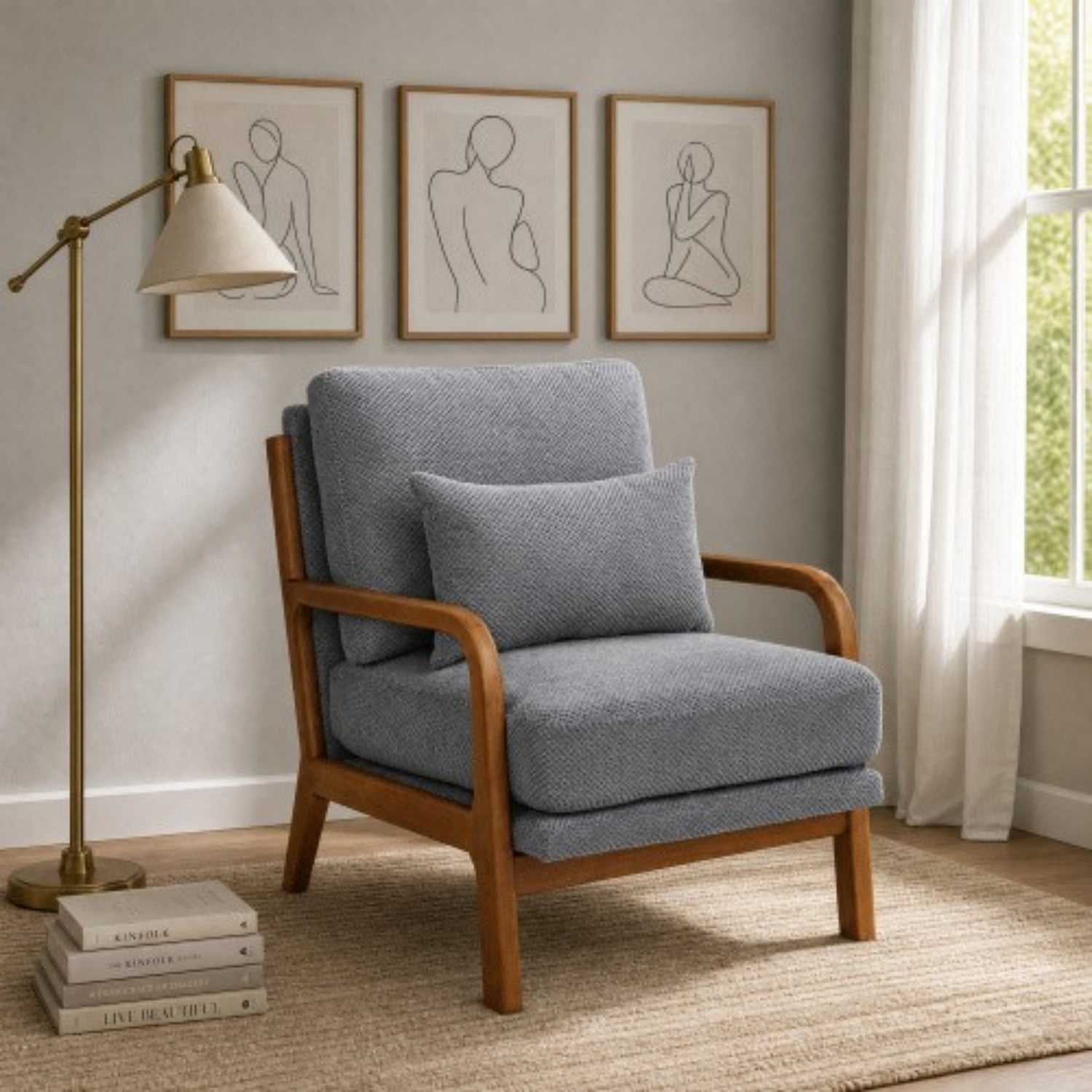 Wooden Lounge Accent Chair with Solid Wood Armrests, Upholstered Reading Chair with High-Density Foam Cushion, Modern Leisure Armchair for Living Room, Bedroom, Balcony & Office, Light Gray