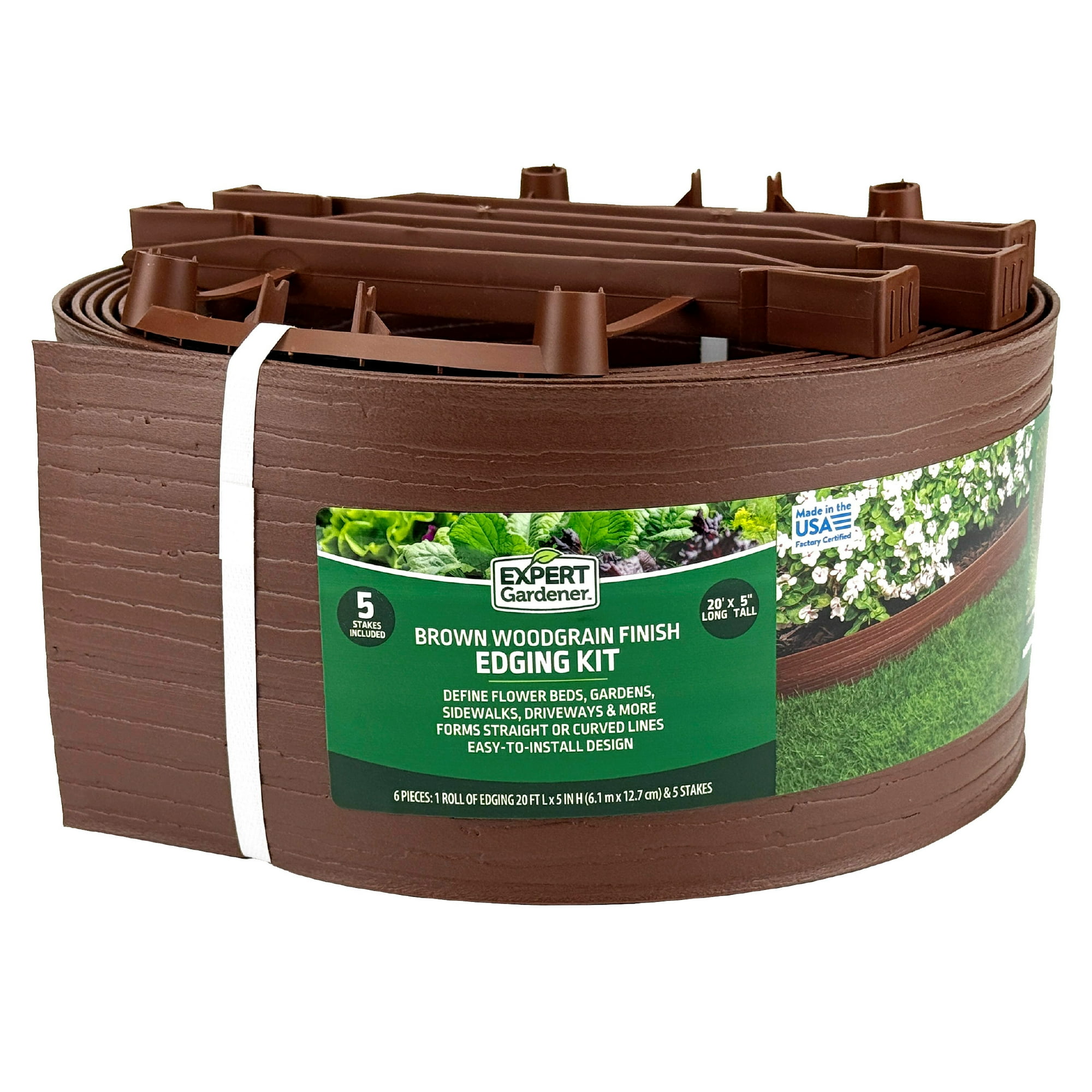 Expert Gardener Landscape Edging with Stakes, 5 in. x 20 ft., Brown Wood Grain Plastic