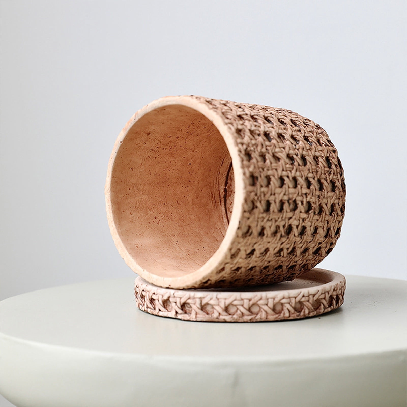 Cement Stone Planter Pot Saucer, Rattan Woven Pattern Flower Container, Indoor Outdoor Home Garden Decor, Durable Heavy Duty Plant Pot Vase, Functional Drainage Gardening Holder