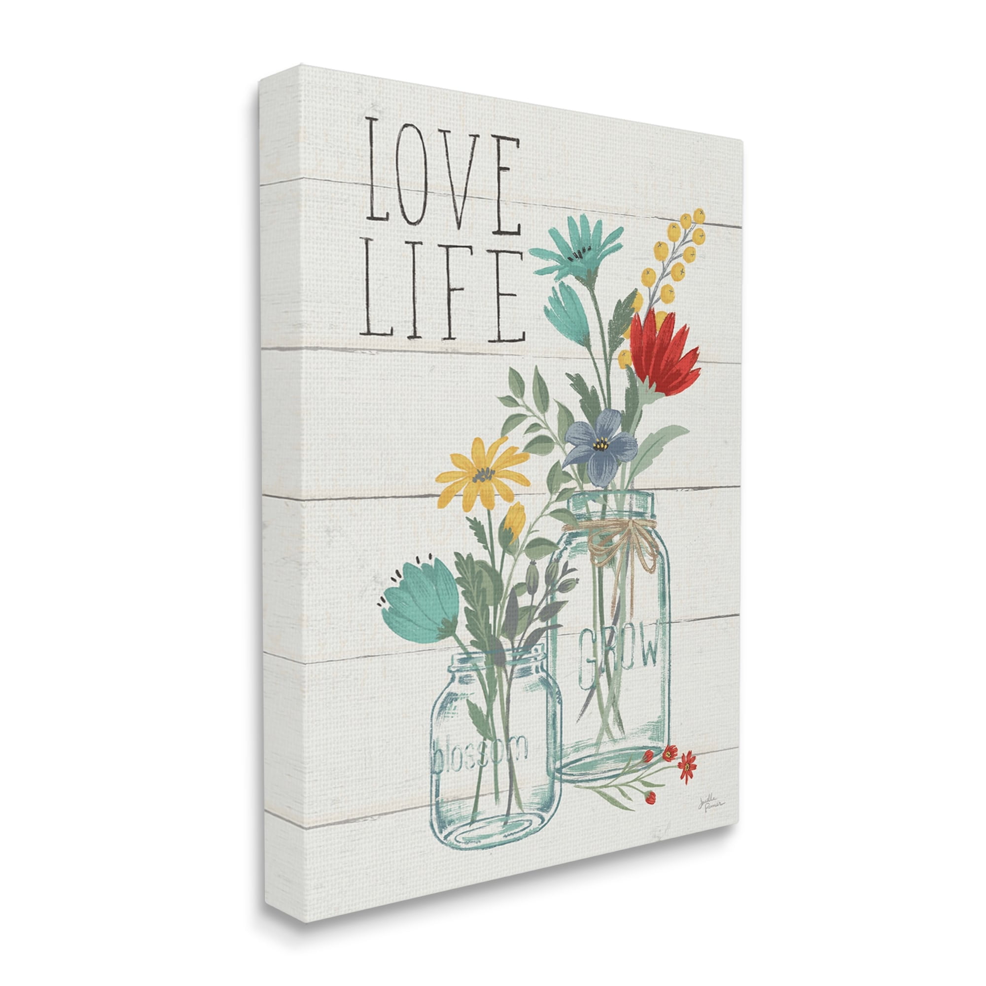 Stupell Industries Love Life Sentiment Blue Yellow Blooming Flowers Blossom Jar Graphic Art Gallery-Wrapped Canvas Print Wall Art, 36x48, by Janelle Penner