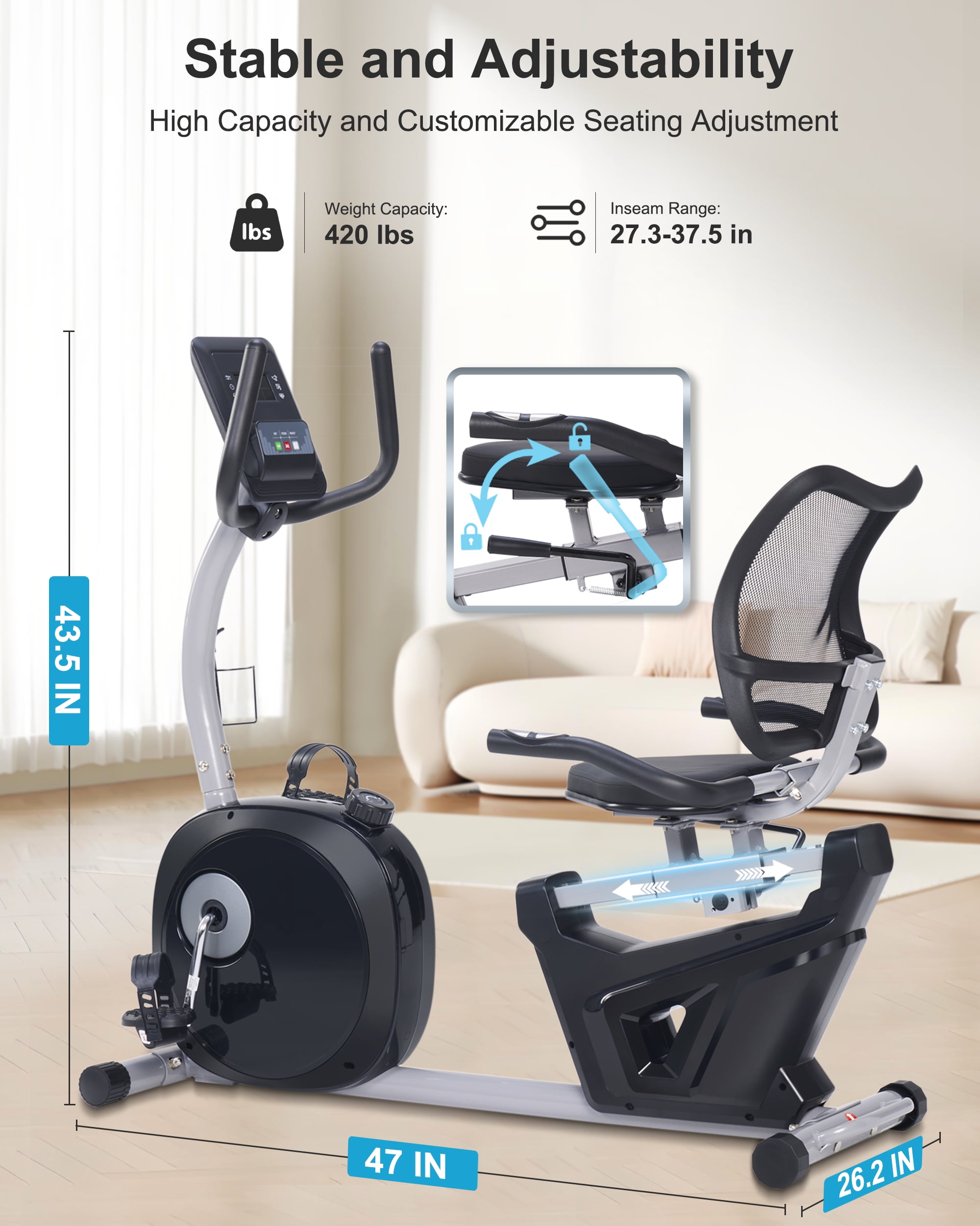 BORGUSI Recumbent Exercise Bike Home Stationary Quiet 16-Level Magnetic Resistance Large Comfortable Seat Heart Rate Monitor iPad Holder 400LBS Capacity for Seniors
