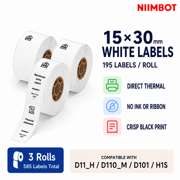 NIIMBOT D11/D110/D110M White Direct Thermal Labels, 15 x 30 mm, 3 Rolls, 585 Self-Adhesive Labels for Storage, Jars, Prices and Organization