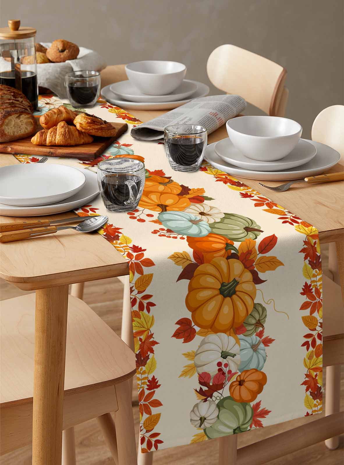 Fall Burlap Cotton Table Runner 14x72 Inches Long, Orange Blue Pumpkins Thanksgiving Farmhouse Maple Leaf Farmhouse Table Runners, Outdoor Dining Tablecloths Decor for Baby Shower/Party/Wedding