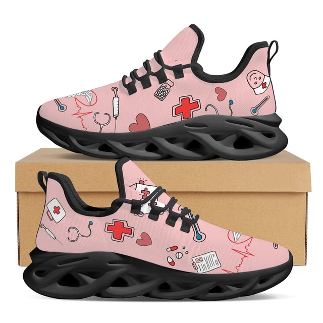 Zapatillas deportivas de mujer con diseño personalizado, zapatos de enfermería de color rosa, bonitos zapatos planos ligeros con cordones y estampado de latidos del corazón para médicos