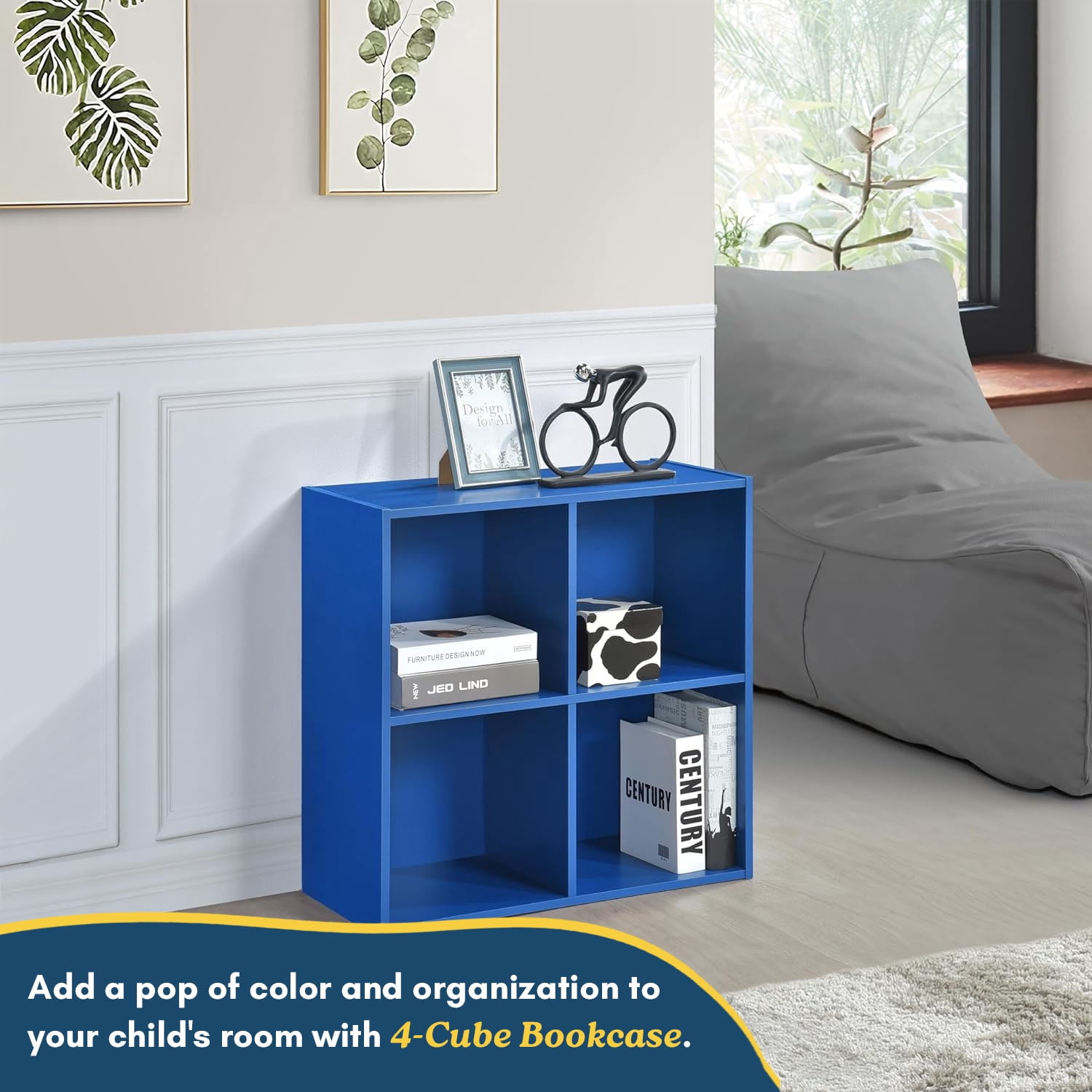 Kings Brand Furniture - 4 Cube Storage Organizer Book Shelf, Toy Storage Organizer for Playroom, Bedroom, Nursery School, Blue