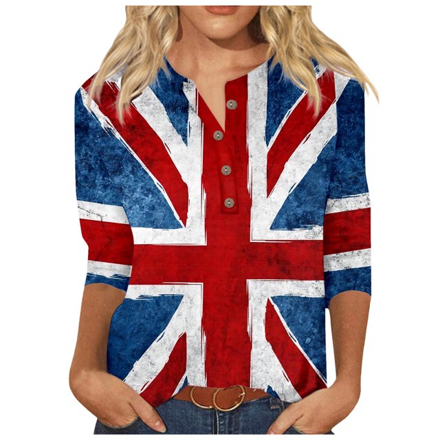 TSADFHJI Tops Women Women Casual V Neck Colorful Gradient Geometric Print Button Three Quarter Sleeve T Shirt M